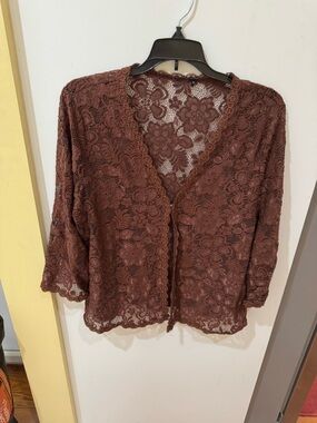 Women's Brown Lace Open Cardigan Top